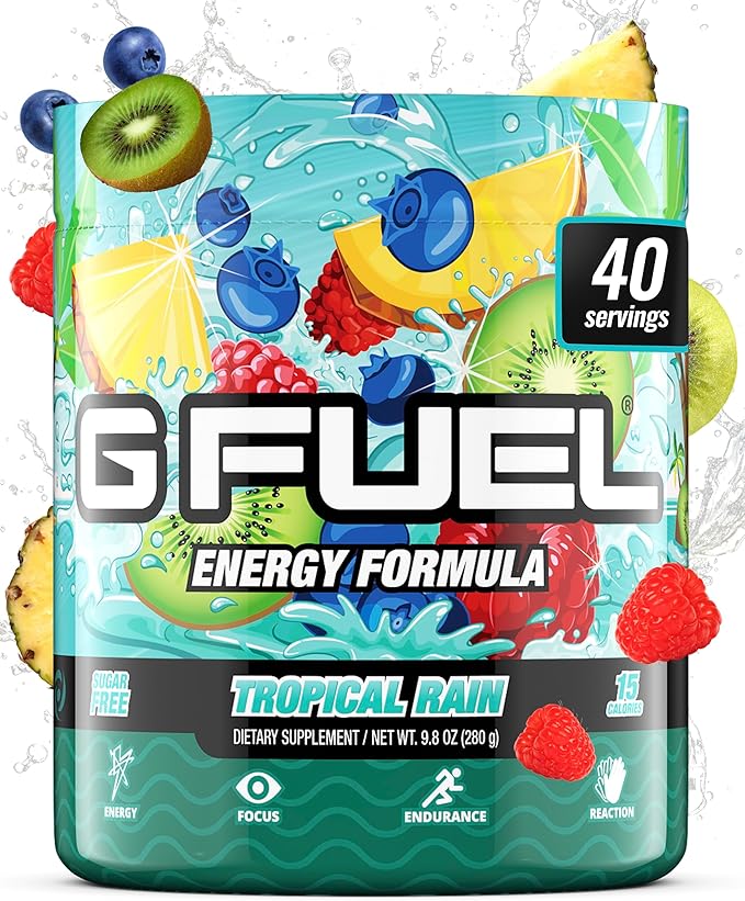 Gamma Labs G Fuel Tropical Rain Energy Drink Powder Pre Workout Caffeine Mix for Gaming Sugar Free Focus Amino Vitamin + Antioxidants 9.8oz Fruit Medley 40 Servings