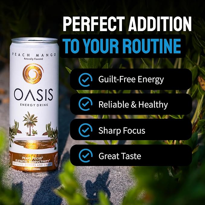 Oasis Energy Drink - Peach Mango (12-Pack) Smooth Clean Energy with Focus-Boosting Nootropics Zero Sugar Low-Calorie Vegan Gluten-Free Juicy Fruity Flavor Perfect for Work &amp Daily Workouts (