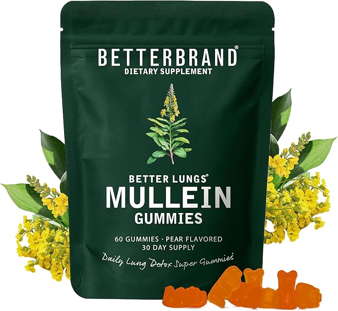 Betterbrand Mullein Chewable Gummies for Lung Cleanse and Detox Respiratory Health Supplement 1000mg Mullein Extract per Serving 60 Gummies - 30 Day Supply - Pear Flavored