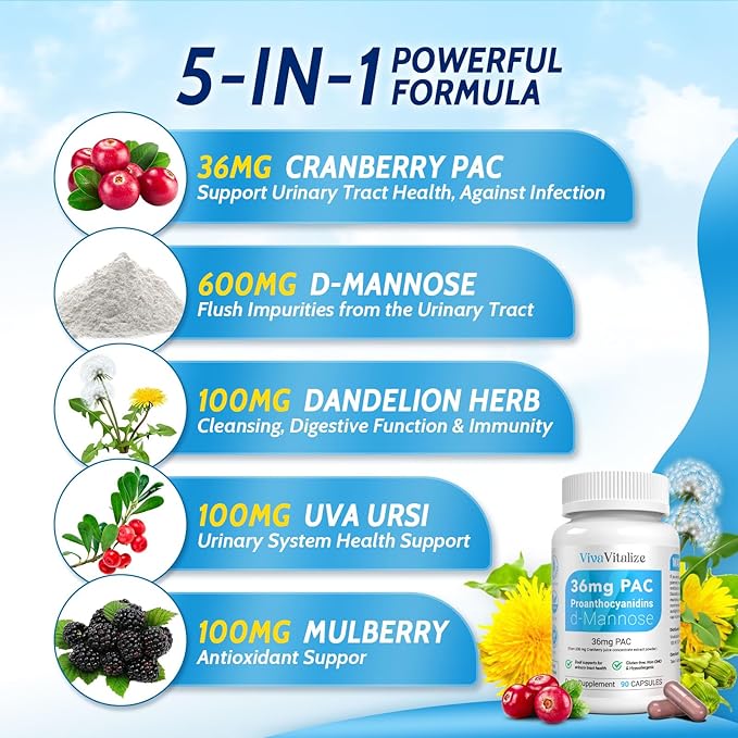 5 in 1 Cranberry Supplement for Women 36mg PAC 100% Soluble D-mannose Dandelion Herb Mulberry Uva Ursi Leaf Natural Urinary Tract Health Support Cranberry Pills UTIs Prevention 90 Caps