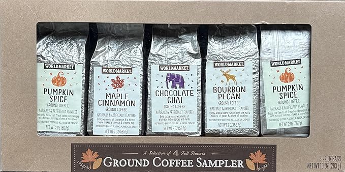 World Market Ground Coffee Sampler. Pumpkin Spice Maple Cinnamon Chocolate Chai Bourbon Pecan