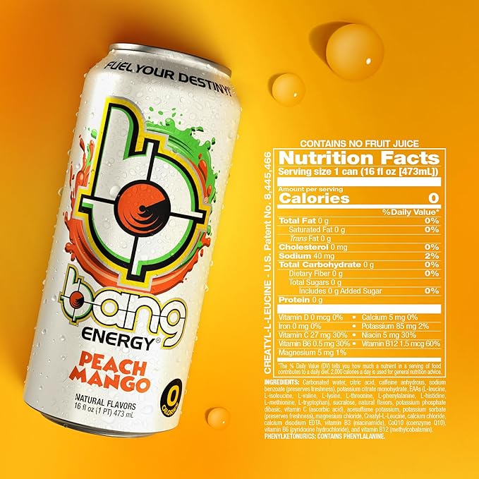 Bang Energy Peach Mango Sugar-Free Energy Drink 16-Ounce | Pack of 12