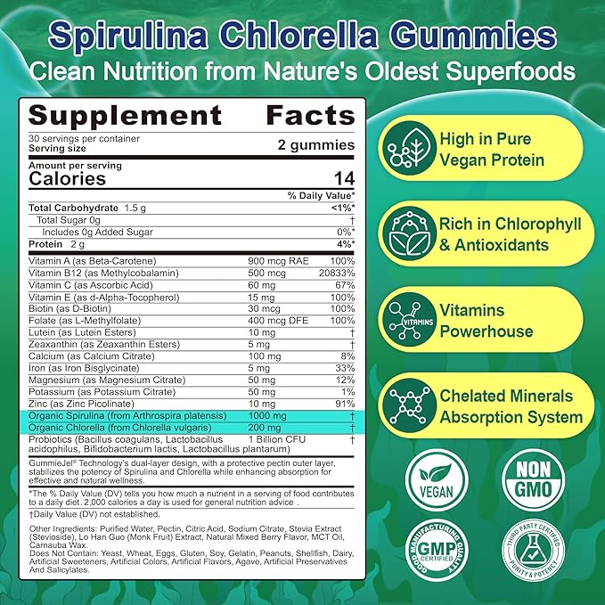 NEVISS Spirulina &amp Chlorella Gummies - Probiotic &amp Super Greens Supplement Superfood Rich in Antioxidants Chlorophyll Protein Essential Amino Acids for Cellular Energy Immunity &amp Eye