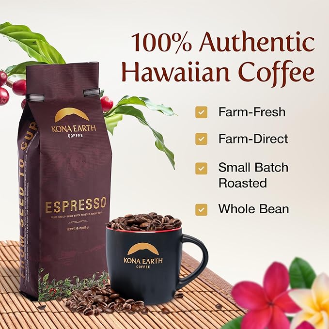 Kona Earth - Dark Roast Hawaiian Espresso Whole Bean 1lb (16 oz) Farm-Direct coffee beans from Hawaii’s Big Island Micro-Batch-Roasted