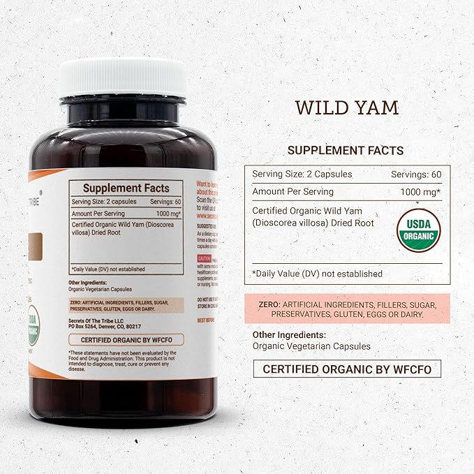 Secrets of the Tribe Wild Yam Capsules 1000 mg Responsibly farmed USDA Organic Wild Yam (Dioscorea Villosa) Dried Root Hormone Support Supplement (120 Capsules)