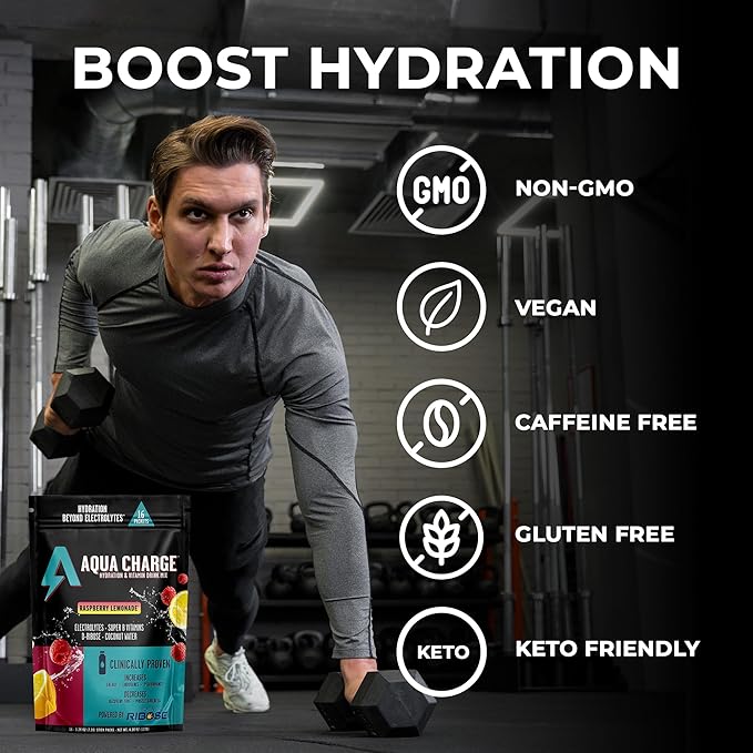Grab The Gold Aqua Charge Electrolytes Drink Mix | Naturally Flavored Sugar-Free Hydration Drinks with B Vitamins | Vegan Gluten-Free Non-GMO | Raspberry Lemonade - 16 Packs Made in USA