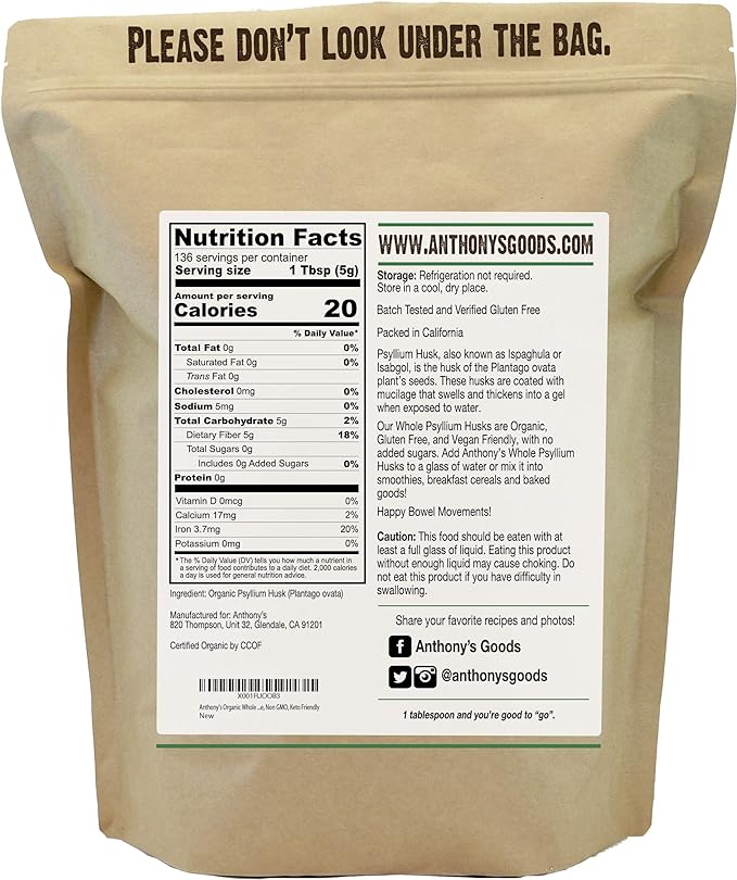 Anthony's Organic Whole Psyllium Husks 1.5 lb Dietary Fiber Gluten Free Non GMO Keto Friendly