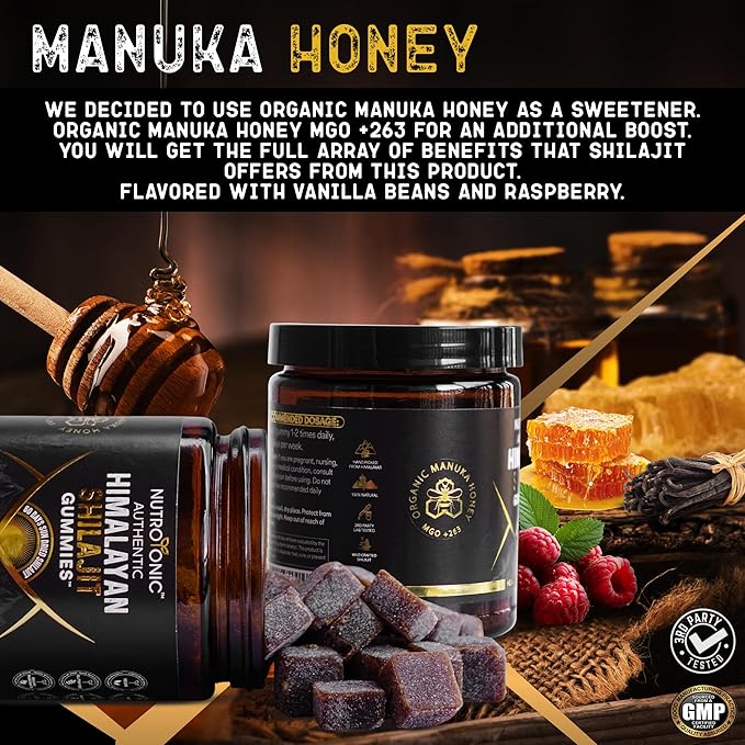 NutroTonic® Organic Himalayan Shilajit Gummies – Organic Raspberry Vanilla Flavored – Shilajit for Men &amp Women – Wild Crafted Manuka Honey MGO +263 – Made in USA – 30 Healthy Gummies