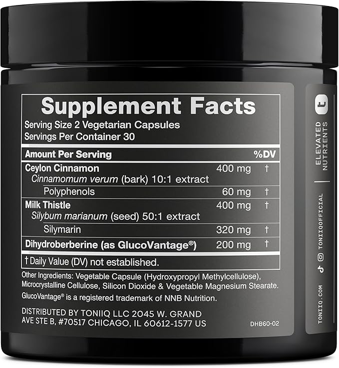 Toniiq Dihydroberberine Supplement - Ultra High Potency 1000mg Formula with GlucoVantage 10:1 Ceylon Cinnamon &amp 50:1 Milk Thistle - Third-Party Lab Tested