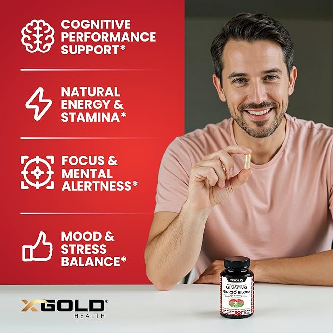 X Gold Health Korean Red Panax Ginseng + Ginkgo Biloba – 7% Ginsenosides Extra Strength – Energy Memory Focus &amp Brain Support – Premium Supplement for Men &amp Women – Non-GMO 120 Vegan Capsul