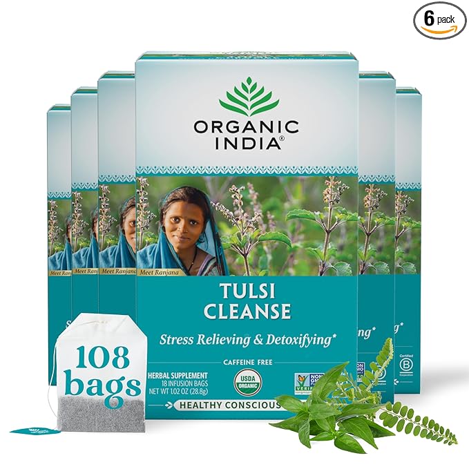 Organic India Tulsi Cleanse Detox Tea - Holy Basil Ginger Turmeric Herbal Tea Stress Relieving &amp Cleansing Immune Support Adaptogen Organic Non-GMO Caffeine-Free - 18 Infusion Bags 6 Pac