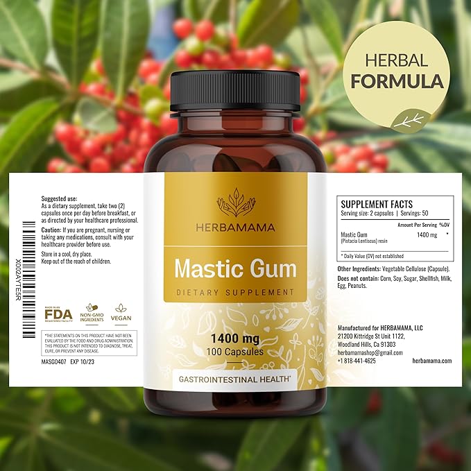 HERBAMAMA Mastic Gum Capsules 1400mg - Gut &amp Digestive Support with Mastic Gum Supplement - Vegan Non-GMO Resin Digestion Capsules