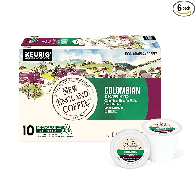 New England Coffee Colombian Decaffeinated Medium Roast Single Serve Pods 10ct Box (Pack of 6)