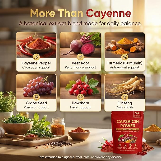 Capsaicin Power - Cayenne Pepper Softgels Capsaicin Supplements with Vitamin E D3 &amp K2 Grape Seed Beetroot &amp Turmeric Extract 300 Soft gels