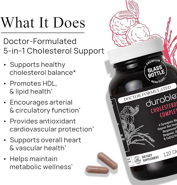 Durable Cholesterol Complete – Organic Red Yeast Rice 1600 mg + Bergamonte® Citrus Bergamot 1000 mg + Ubiqsome® CoQ10 + Olive Leaf + Vitamin C – Doctor Formulated Made in USA (120 Capsules)