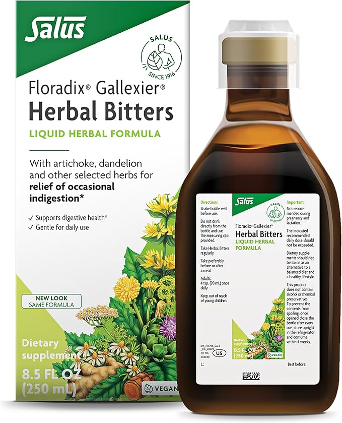 Floradix Gallexier Herbal Bitters - Digestive Support Supplement with Artichoke Dandelion Turmeric Ginger &amp More - Liquid Formula - Easily Absorbed - Vegan Non-GMO - 8.5 fl oz