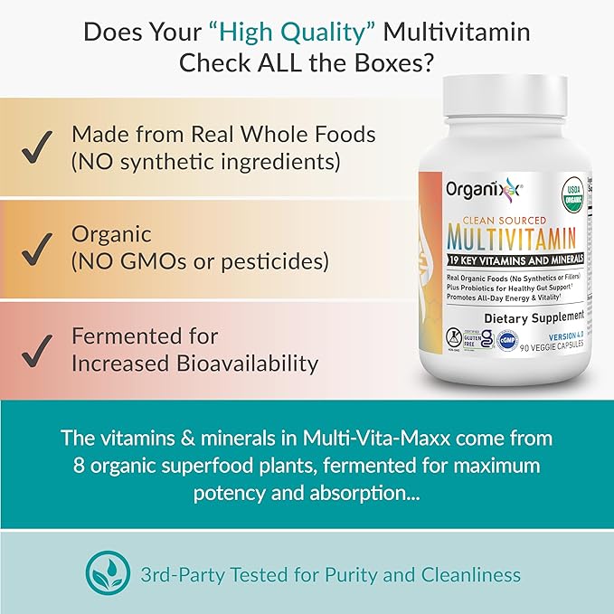 Organixx Clean Sourced Multivitamin for Women &amp Men w/Vitamin C D3 Vitamin B Complex Probiotics Organic Fruits &amp Vegetables Supports Digestive Gut Health Immune Support 90 Vegan Gel Ca