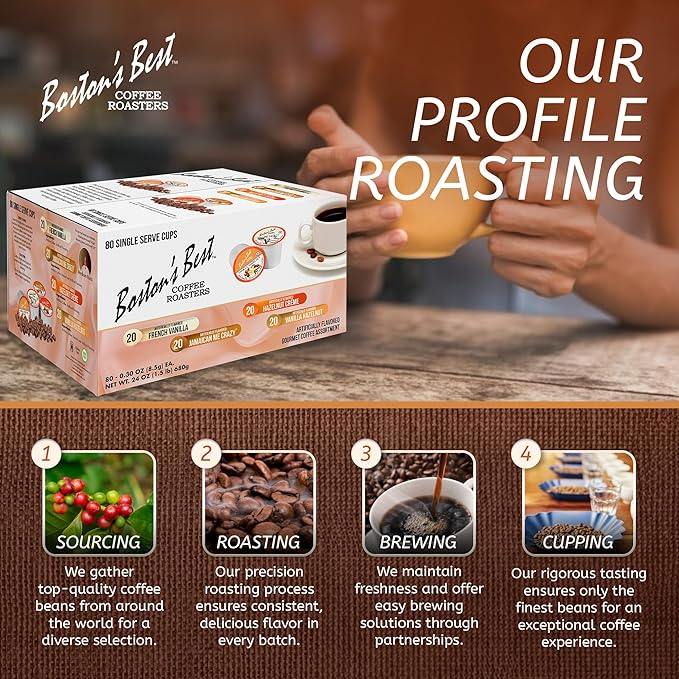 Boston’s Best Coffee Roasters Single Serve Cups - Assorted Coffee Pods – French Vanilla Jamaican Me Crazy Hazelnut Crème &amp Vanilla Hazelnut – 80 Ct