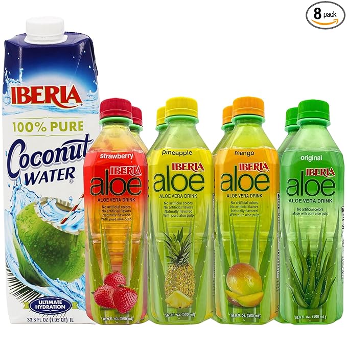 Iberia Coconut Water 33.8 fl oz + Iberia Aloe Vera Drink with Pure Aloe Pulp Variety (Pack of 8) 2 x Original 2 x Mango 2 x Pineapple 2 x Strawberry