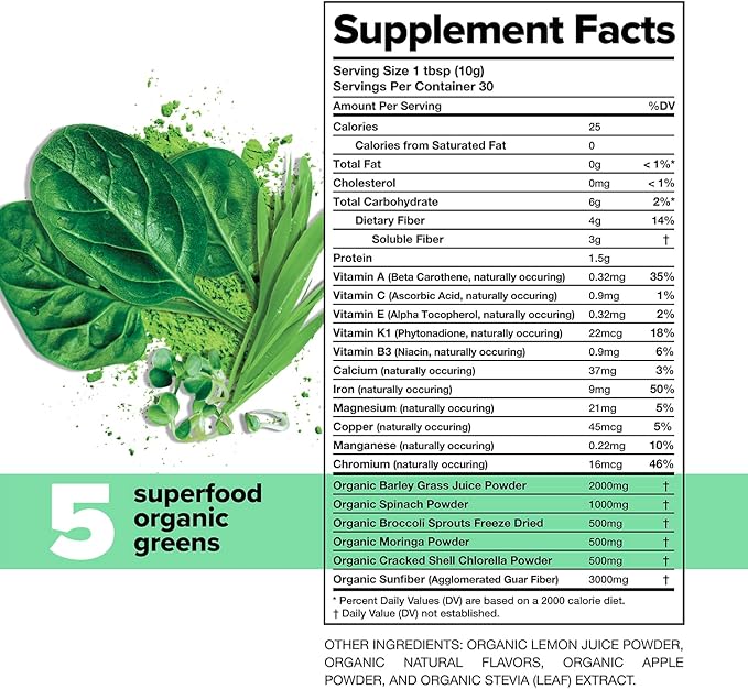 Complement Daily Greens Powder Super Greens Powder Superfood- Wholefoods Organic Chlorella Powder Barley Grass Juice Powder Broccoli Sprouts- Immune Support Brain Health Metal Detox- 30 Servings