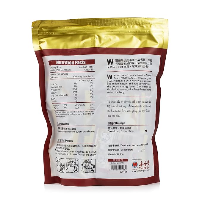 Wing Hop Fung Instant Natural Ginger Tea with Honey 25 Individually Wrapped Sachets Premium Ginger Beverage for Warming &amp Digestive Support Made with 100% Natural Ingredients