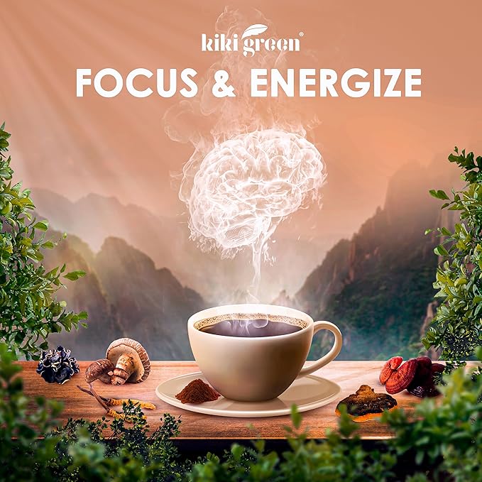 KIKI Green 8 Mushrooms Powder Extract - Supplement Blend 8 oz - Lion's Mane Reishi Chaga Cordyceps Maitake Shiitake - for Focus and Energy - Add to Coffee and Smoothies