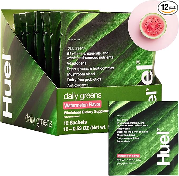 Huel Daily Greens Single Serve Watermelon| Superfood Greens Powder | 91 Vitamins Minerals and Wholefood-Sourced Ingredients | Adaptogens Antioxidants Gut-Friendly Probiotics | 12 Pack