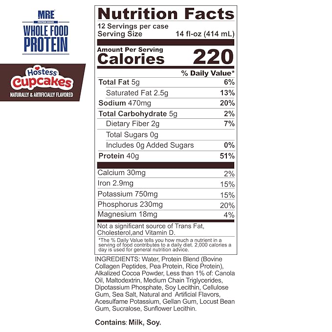 REDCON1 MRE Ready to Drink Protein Shakes Hostess™ Cupcakes - Lactose Free RTD Protein Made with Real Whole Food Protein Blends - Easy to Digest Nutritional Shake (12 Pack)