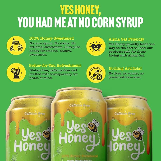 Yes Honey Soda Sweet Apple 11oz (12-Cans) Alpha Gal Friendly 100% Honey-Sweetened Healthy Soda Gluten Free Caffeine Free No Added Sugar