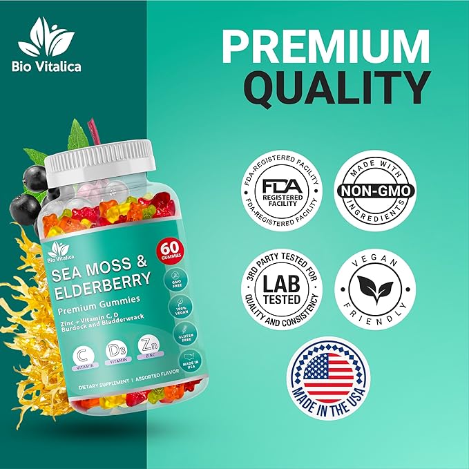 BIO VITALICA Sea Moss Gummies Elderberry BioVitalica - Vitamin C D + Zinc - Irish Seamoss Vegan Gummy with Sea Moss Gel &amp Powder for Immunity Detox - for Adults and Kids (2Packs)