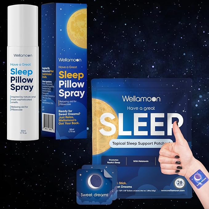 Wellamoon Nighttime Relaxation Duo – Lavender Pillow Spray &amp Botanical Wellness Patches with Melatonin – Evening Self-Care Routine for Adults
