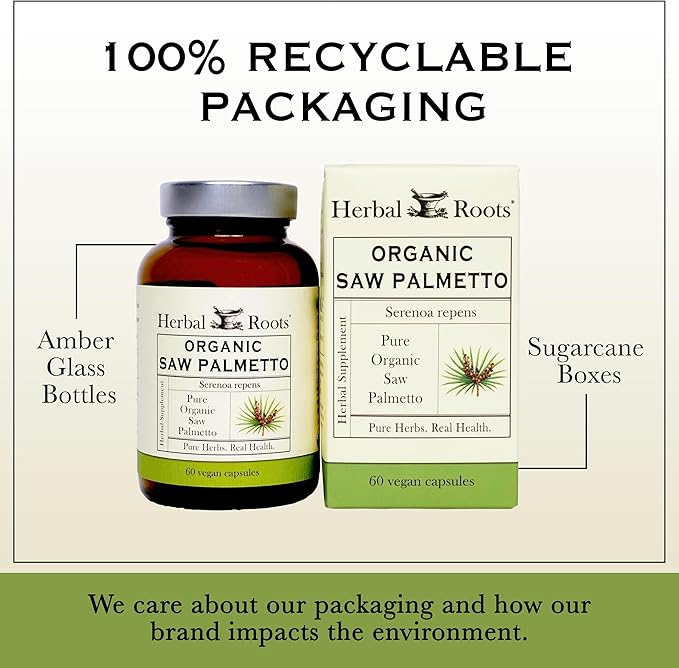 Herbal Roots Organic Saw Palmetto Capsules | 1000mg per Serving | 60 Organic Vegan Capsules