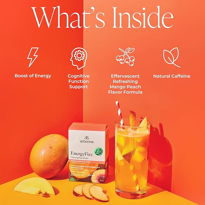 Arbonne Ginseng Energy Supplements - Peach Mango Flavor Fizz Sticks Energy Boost with Caffeine Powder from Guarana and Green Tea Delicious Alternative to Caffeine Pills