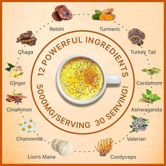 Golden Milk Magic – Adaptogenic Mushroom Golden Milk for Deep Sleep &amp Relaxation – Turmeric &amp Ashwagandha Blend for Calm Nights – Caffeine-Free Multi-Purpose Wellness Drink – 30 Servings