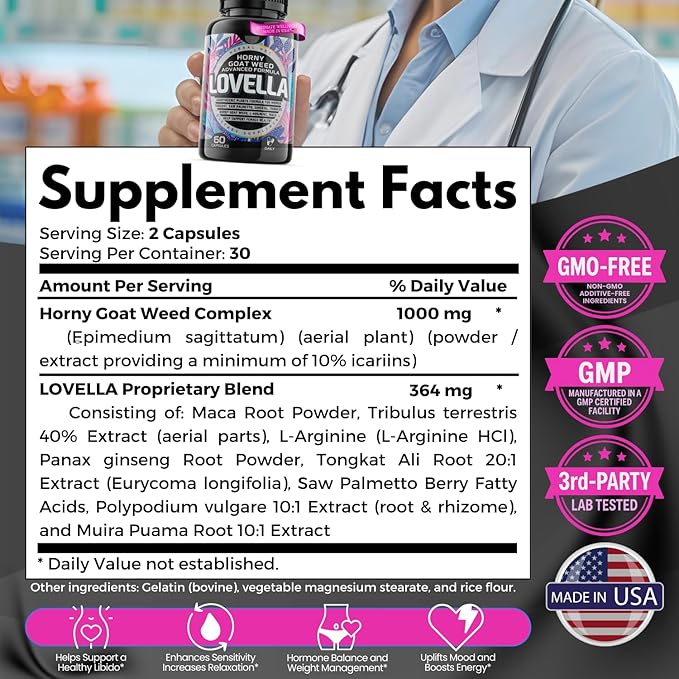 Hornygoatweed Women - Libido Booster for Women Mood Energy Fast Acting Libido Supplement w. Maca Root Female Libido Booster w. Ginseng Tribulus Hormone Balance Support Enhancer Pills - 60ct USA
