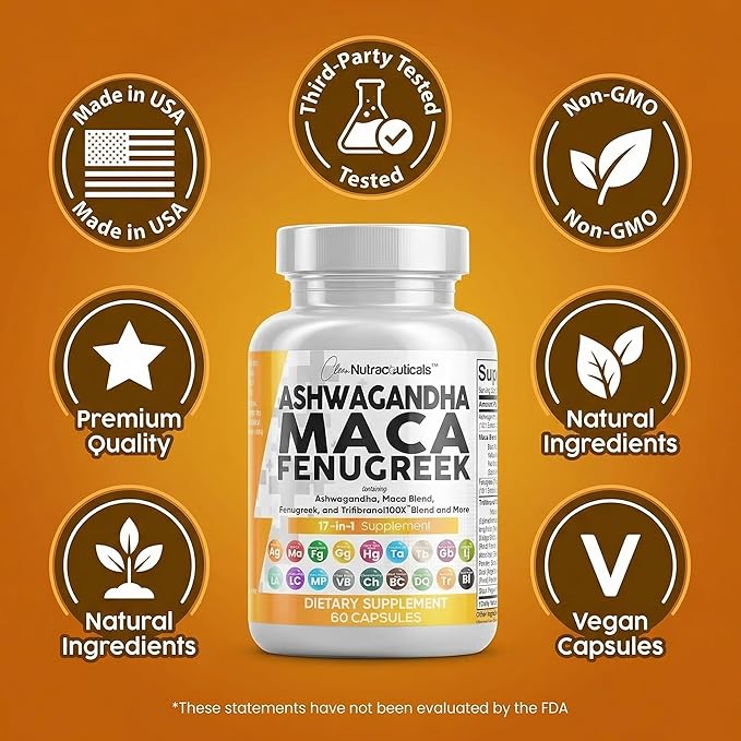 Clean Nutraceuticals Ashwagandha Maca Root Fenugreek Supplement with Tongkat Ali Ginseng - Assists with Stress Mood &amp Thyroid - Ashwagandha Capsules Fenugreek Caps - 1 Pack