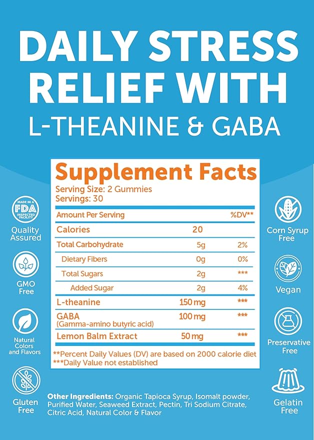 Lunakai USA Made Calm &amp Stress Relief Gummies – Delicious GABA + L-Theanine Calming Supplement for Adults &amp Kids – Natural Stress Support - 3 Pack