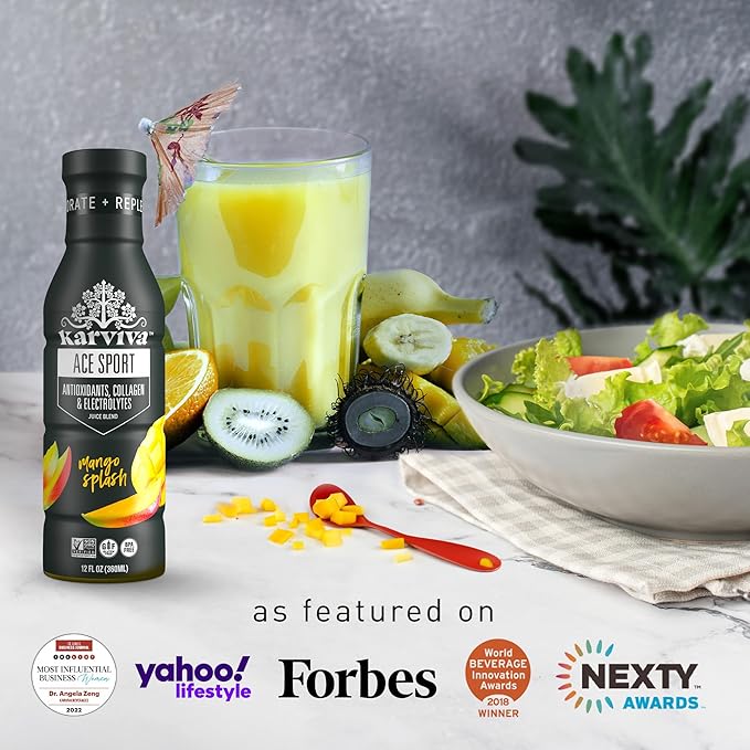KARVIVA ACE Collagen Hydration Juice Healthy Joints Skin &amp Hair Support Antioxidant-Rich Marine Collagen Natural Electrolytes Low-Sugar Low-Calories Non-GMO Vitamin C Boost Mango Splash