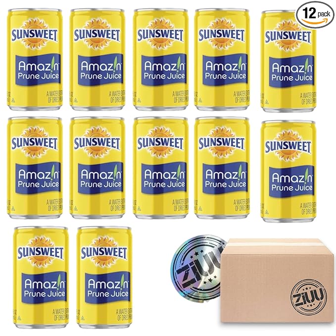 Sunsweet Juice Amazin Prune Juice 7.5oz Cans Water Extract of Dried Prunes Gluten Free Vegan Low Fat Unsweetened High in Dietary Fiber And Other Natural Minerals 100% Prune Juice 12 pack of