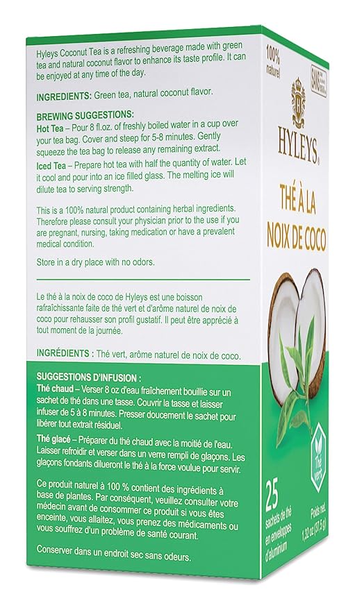 12 Pack of Hyleys Natural Wellness Coconut With Green Tea - 25 Tea Bags (100% Natural Gmo Free Gluten Free Dairy Free Sugar Free)