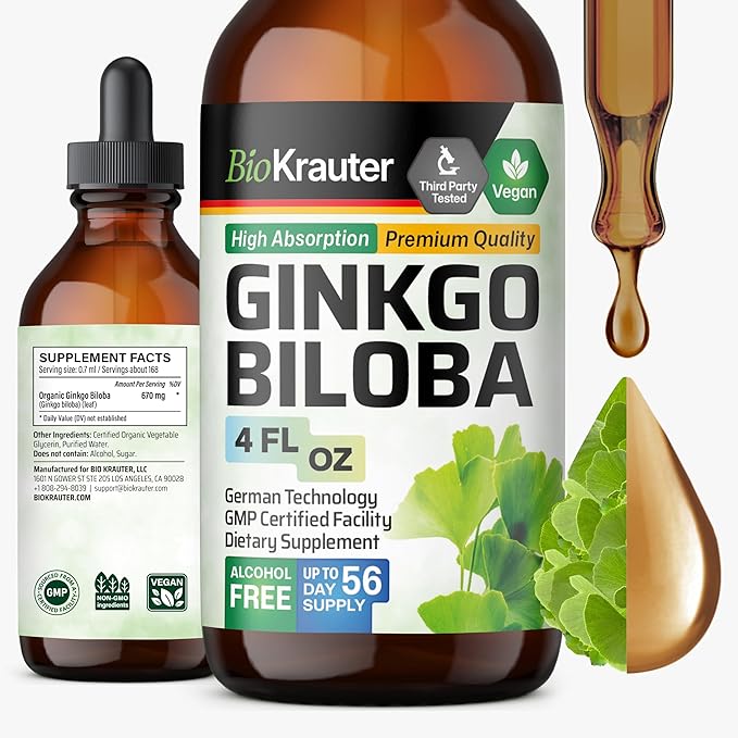 BIO KRAUTER® Ginkgo Biloba for Brain Support - Pure Vegan Ginkgo Biloba Supplement 670 mg - Supports Calm Focus &amp Memory - Alcohol &amp Sugar Free 4 Fl.Oz 56-Day Supply Liquid Drops for Brain