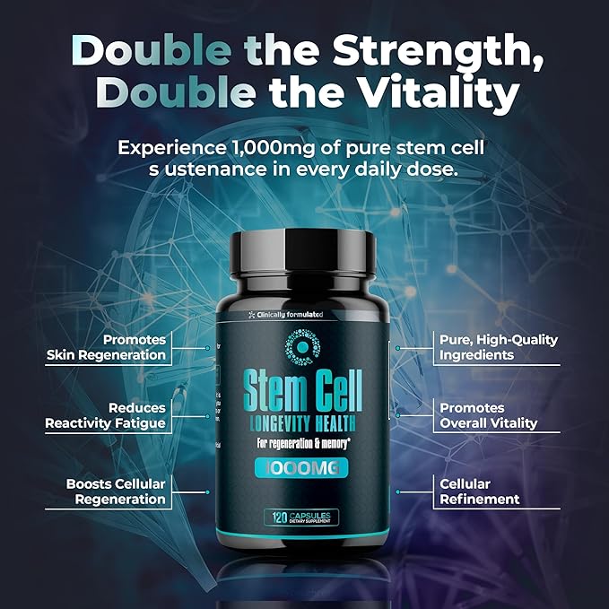 Premium Stem Cell Supplements 1000mg (120 Caps) Boost Immunity Reduce Joint Soreness Support Natural Anti-Aging &amp Longevity with Spirulina &amp Chlorella for Vitality Celulas Madre Health For