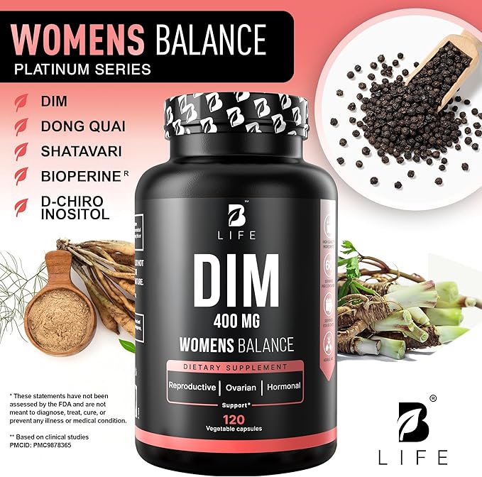 DIM Supplement 400 mg with Myo &amp D-Chiro Inositol Dong Quai – Hormone Balance for Women – Fertility Supplements – Inositol Supplement - 120 Caps