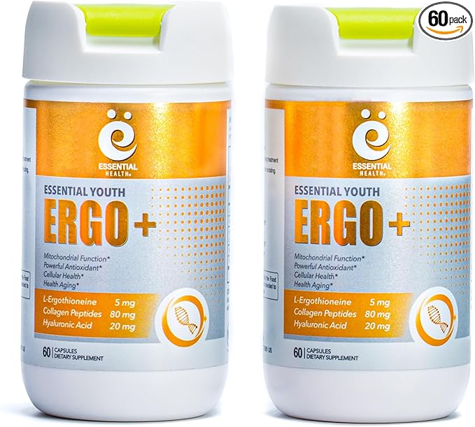 Essential Youth L-Ergothioneine with Collagen Peptides Hyaluronic Acid Vitamin C and E – Promotes Longevity &amp Healthy Aging – Gluten-Free – Non-GMO - 60 Capsules