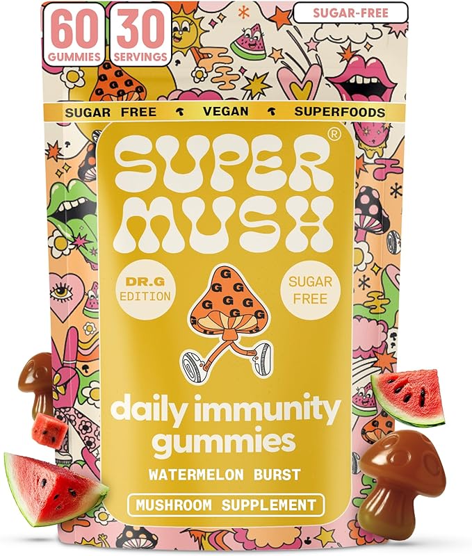 SuperMush Dr. G Daily Greens Gummies - Lion’s Mane Spirulina Chlorella Ashwagandha Prebiotics &amp Vitamins C D Zinc - Sugar Free Greens Gummies for Immunity Gut Health &amp Radiance - Vegan