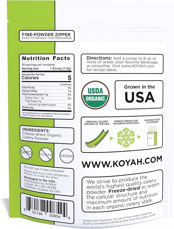 KOYAH - Organic USA Celery Powder (1 Scoop = 1/4 Cup Fresh): 36 Servings Freeze-dried Whole-Stalk Powder