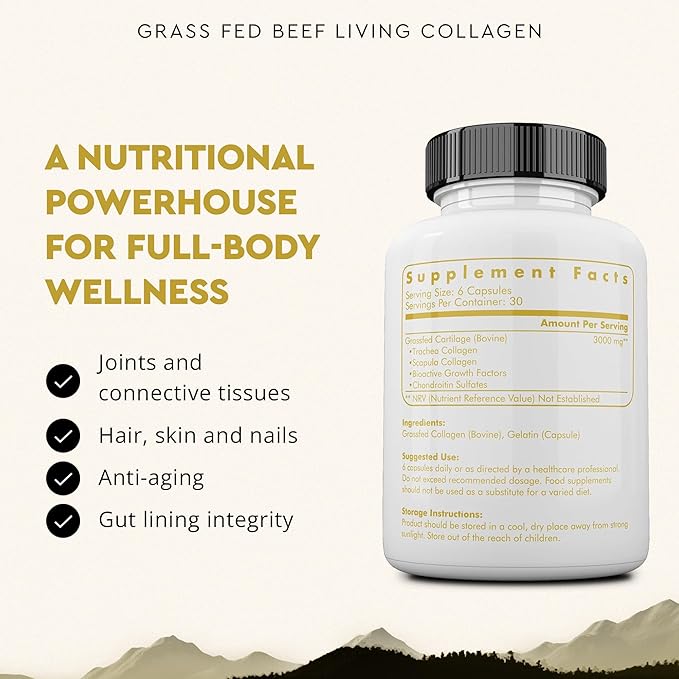 Ancestral Supplements Grass Fed Beef Living Collagen Nutritional Powder Supplement 3000mg Promotes Healthier Younger Looking Skin Hair Nails and Joints Type II 180 Capsules
