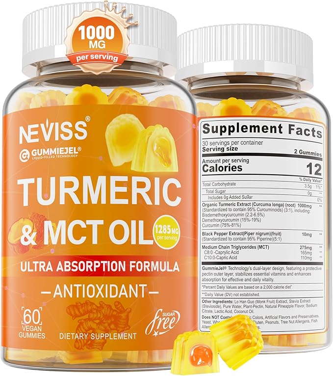 Turmeric Gummies 1000mg w/MCT Oil C8 C10 Organic Antioxidant Turmeric Curcumin Supplement with Black Pepper Extract Support Comfort Boost Energy Ultra Absorption Sugar Free 60 Cts