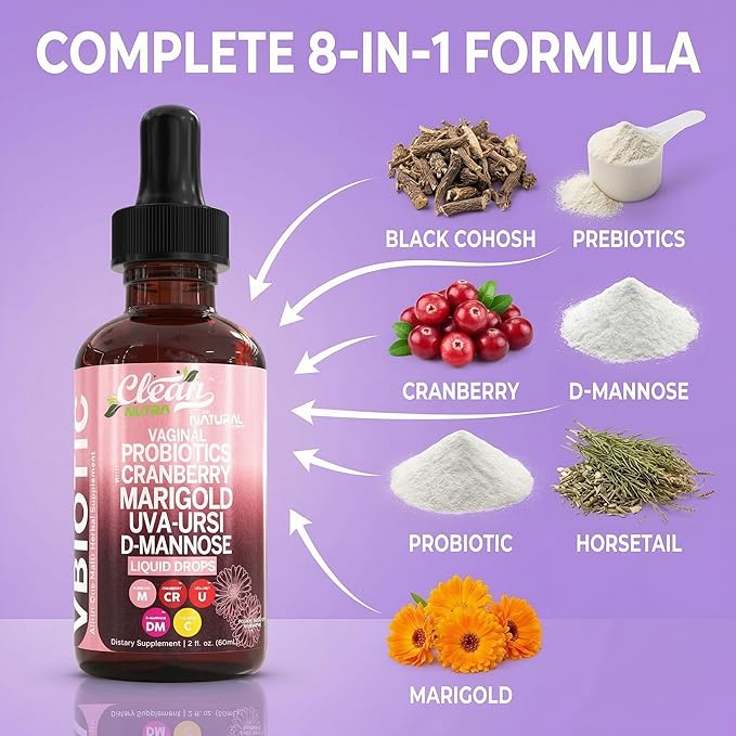VBiotic Vaginal Probiotic for Women Liquid Drops | Womens Probiotics | Cranberry Uva Ursi Horsetail D-Mannose Prebiotics Marigold &amp Black Cohosh Vaginal Health Supplement | pH Balance | By Clean N