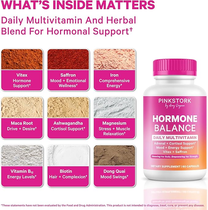 Pink Stork Hormone Balance Multivitamin for Women | 18-in-1 Vitex Saffron Ashwagandha Magnesium | Mood Energy Cortisol Adrenal Support | PMS Perimenopause Support | 60 Vegan Capsules